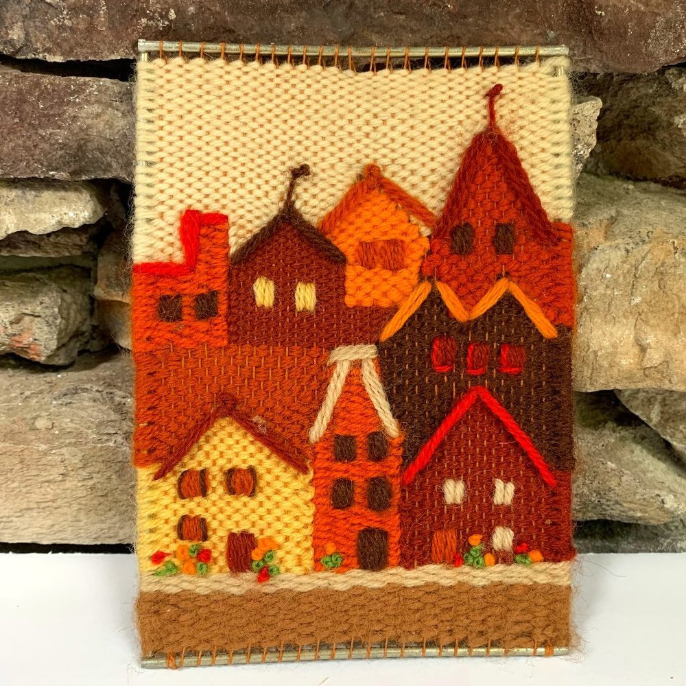 VTG Weaving Houses 70s Hand Woven Fiber Art Orange Wall Hanging Table Easel Boho